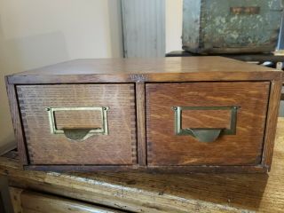 Vintage Utility Oak Wood 2 Drawer Library Index Card File Cabinet Dove Tail