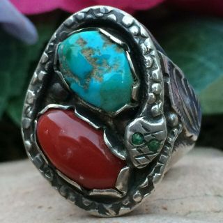 Gorgeous Large Old Pawn Vintage Navajo Sterling Turquoise Coral Snake Ring 11 - 12