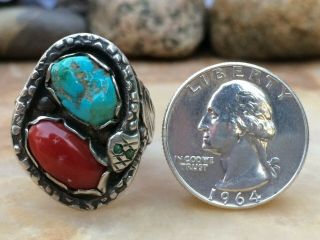 GORGEOUS LARGE OLD PAWN VINTAGE NAVAJO STERLING TURQUOISE CORAL SNAKE RING 11 - 12 2