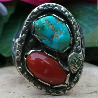 GORGEOUS LARGE OLD PAWN VINTAGE NAVAJO STERLING TURQUOISE CORAL SNAKE RING 11 - 12 3