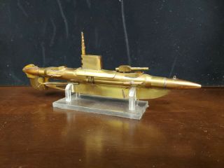 Vintage Brass Trench Art Submarine - 11 " - 2x Bullets - Spinning Prop