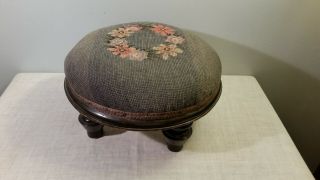Vintage Needlepoint Victorian Foot Stool Rest Antique Tapestry Ottoman Floral