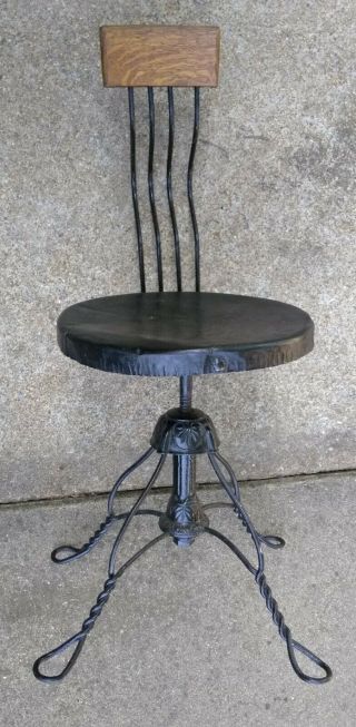 Antique Victorian Swivel Office Desk Chair Twisted Wire Feet Metal Seat Oak Back