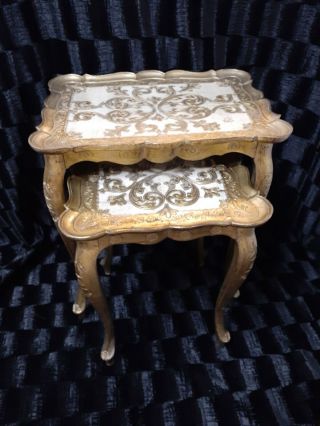 Pair Vintage Gold Italian Florentine Nesting Tables Made In Florence Italy