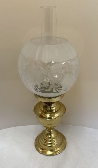 Vintage Brass Duplex Burner Oil Lamp With Glass Shade (d2)