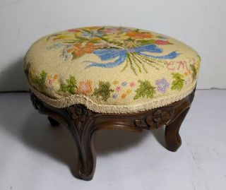 Vintage/antique Mini Round Needlepoint Footstool - Carved Wood Victorian Flowers