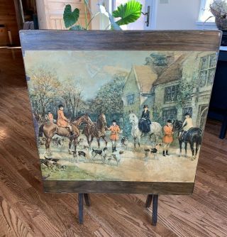 Antique Vintage Wood Folding Table English Horse Hunting Scene