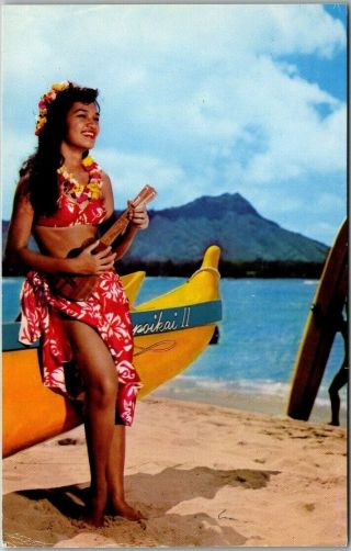 Vintage 1960s Honolulu,  Hawaii Postcard " Hula Maid At Waikiki " Ukulele Canoe