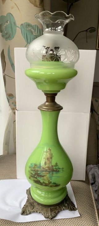 Green Glass Antique French/european Oil Lamp Bronze Base Transferware Decoration
