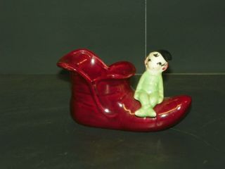 Vintage Ceramic Porcelain Figurine Green Elf Pixie Sitting On Shoe Planter Vase