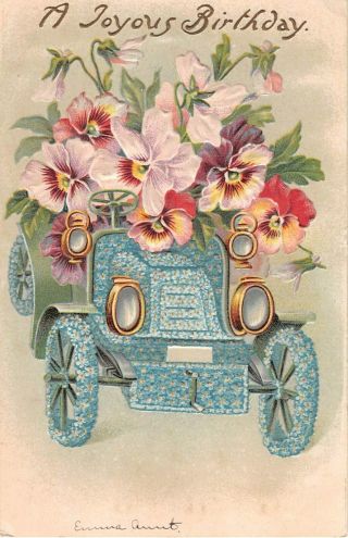 Vintage Vehicle Made Of Forget - Me - Nots Carrying Pretty Pansies - 1908 Birthday Pc