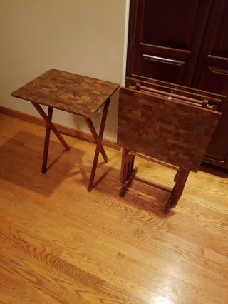 Set Of 4 Wood Vintage Folding Tv Tray Snack Serving Tables & Stand By Gold Medal