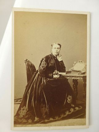 Victorian Cdv Cabinet Photo Young Woman At Desk Ornate Frame Chin To Hand