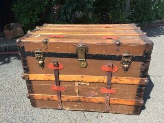 Antique Steamer Trunk Vintage Victorian Rustic Chest Flat Top 1870 - 1900s