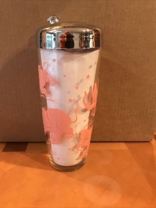 Vintage Hazel Atlas Pink Elephant Cocktail Shaker Mixer With 6 Matching Glasses