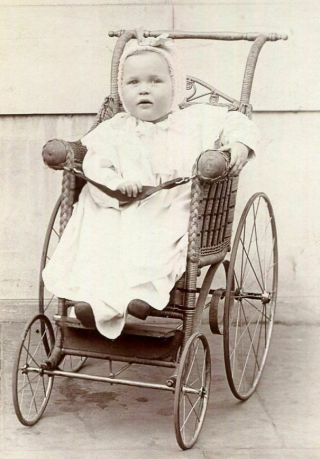 Antique Cabinet Photo Sweet Baby W Bonnet In Wicker Stroller Carriage 1899