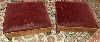 Set Of 2 Antique Victorian Red Velvet Foot Rest Foot Stools