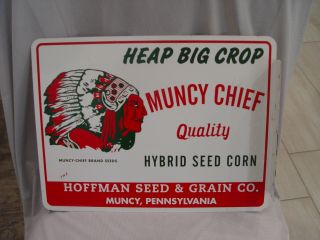 Vintage Muncy Chief Hybrids Seed Corn Co.  2 - Sided Advertising Flange Sign