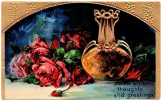 Deep Red Roses With A Amber/gold Vase With Gold Boarder Vintage Postcard