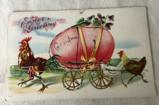 Vintage Easter Postcard Rooster Carrying Egg On Wooden Wagon Glitter Germany
