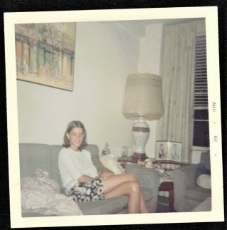 Vintage Photograph Sexy Young Woman Sitting On Couch In Retro Room