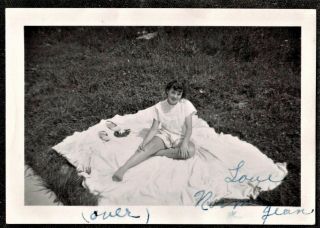 Vintage Photograph Sexy Young Woman Sitting On Blanket On Ground