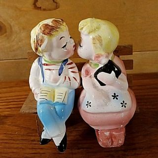 Vintage Boy And Girl Kissing On Bench Salt And Pepper Shakers Japan