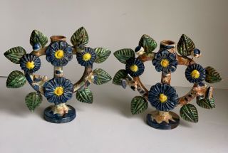 Vtg Pair Mexican Tree Of Life Pottery Candlesticks Candelabra Style Birds Blue