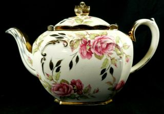 Sadler Cube Teapot Pink Roses Gold Vintage 9 1/4 Inches Long C 1949 Initials Too