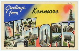 Vintage 1938 Linen Large Letter Postcard Greetings From Kenmore York Ny