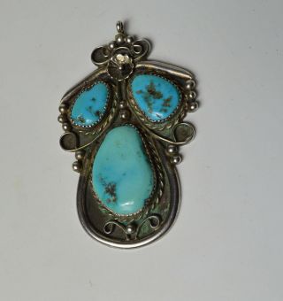 Native American Large Vintage Old Pawn Navajo Silver Turquoise Pendant Signed