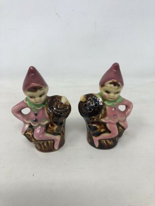 Vintage Pink Elves/pixies On Stump Salt & Pepper Shakers Japan