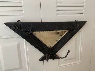Antique 1900s Victorian Triangle Metal Hall Coat Tree With Scalloped Rope Mirror