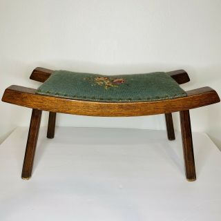 Vintage Embroidered Riveted Foot Stool Hand Crafted Wood Footstool
