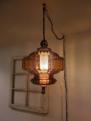 Rewired Amber Glass Swag Hanging Light Mid Century Root Beer Lamp Vintage