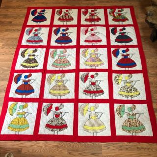 Vintage Sunbonnet Sue Parasol Quilt Handmade Hand Quilted Feedsack Fabric