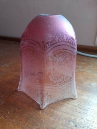 Vintage Old Antique Etched Cranberry Glass Oil Lamp Shade Victorian