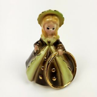 Vintage Josef Originals Girl Holding Golden Hoop Figurine Brown Green 4 " Tall