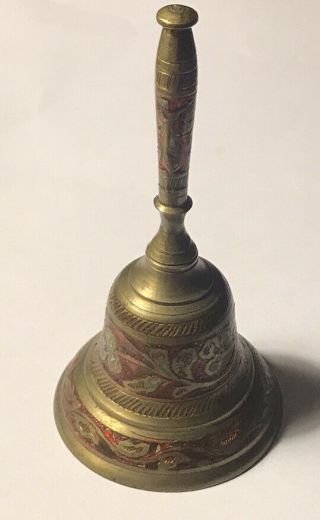 Vintage Floral Etched Hand Painted Brass Bell 4” Made In India Stamped 3317