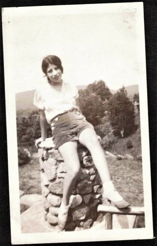 Antique Vintage Photograph Sexy Young Woman Sitting On Stone Pillar
