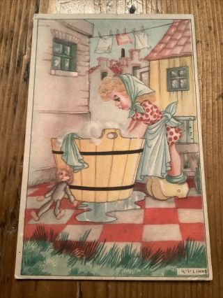 Vintage And Postcard K.  L.  Links Little Dutch Girl Doing Laundry Doll Netherlands
