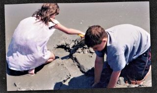Vintage Photograph Little Boy And Girl Digging In Sand At The Beach