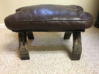 Vintage Rustic Camel Saddle Stool With Brown Leather Seat Brass Accents