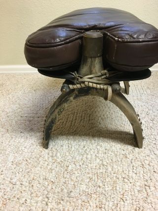 Vintage Rustic Camel Saddle Stool with Brown Leather Seat Brass Accents 3