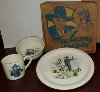 Vintage 1950s Hopalong Cassidy Ceramic Plate Mug Bowl W / Box Scarce