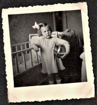 Antique Vintage Photograph Cute Little Girl W/ Ball Standing By Crib