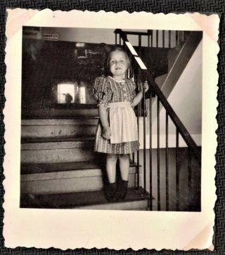Antique Vintage Photograph Cute Little Girl In Apron Standing On Steps