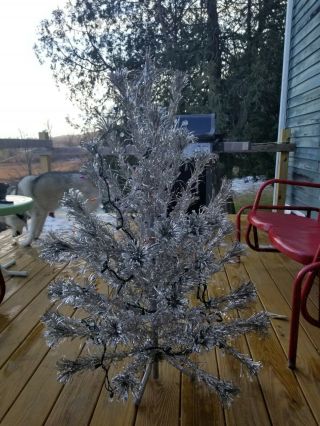 Vintage Evergleam 4 Ft Aluminum Christmas Tree Complete 58 Branch Pom Pom