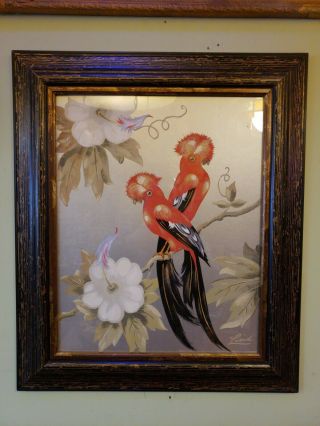 Vtg Mid Century Cock Of The Rock Birds Signed Lind Painting Silver Board Framed