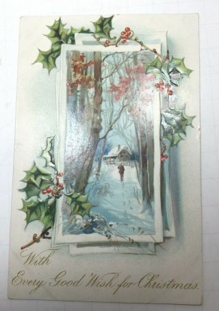 Vintage Christmas Postcard By Tuck,  " Holly Post Cards " Series Undivided Unposted